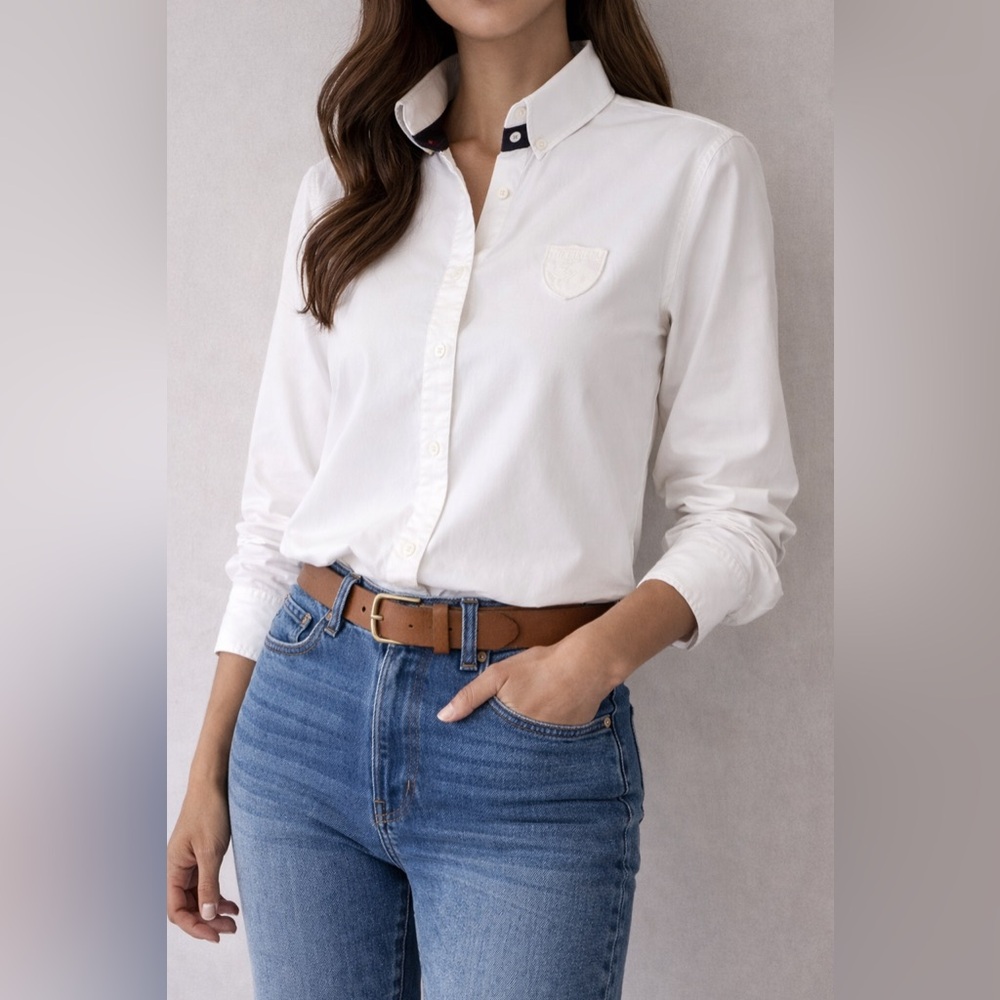Tommy Hilfiger Classic White Poplin Top With Contrasting Detail & Crest Patch